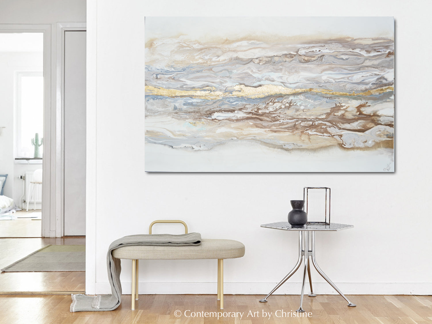 "Ingrained in My Soul" GICLÉE PRINT FRAMED CANVAS Art Abstract Painting Neutral White Beige Gold Leaf Marbled Coastal