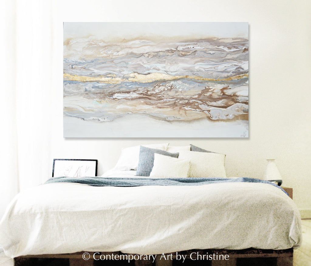 "Ingrained in My Soul" GICLÉE PRINT FRAMED CANVAS Art Abstract Painting Neutral White Beige Gold Leaf Marbled Coastal